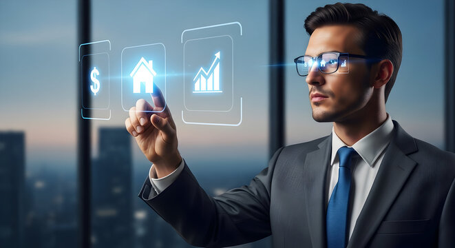 Professional man in suit interacting with virtual real estate and finance icons in a modern office