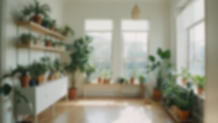 Fototapeta premium Blured background of bookshelf in living room with modern theme without any human, bright light.
