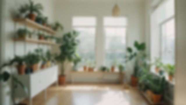 Blured background of bookshelf in living room with modern theme without any human, bright light.