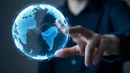 Futuristic world projection: man interacting with a digital earth globe interface - Powered by Adobe