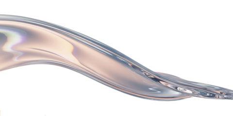 Abstract iridescent flowing liquid splash with delicate light reflections isolated on transparent background