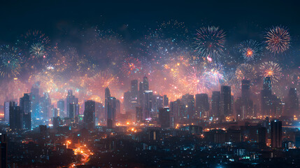 Obraz premium Spectacular Fireworks Display Over a Vibrant Night Cityscape