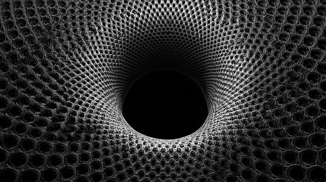 Black hole visualization with swirling distorted reflections and gravitational lensing creating a cosmic, surreal, and dynamic scene representing space, astrophysics, and futuristic digital aesthetics