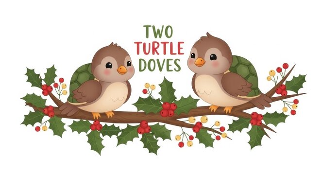Two cute cartoon turtle doves perched on a holly branch with christmas text