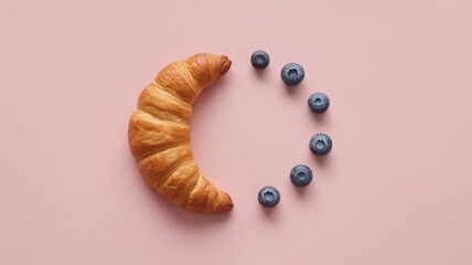 Delicious croissant with fresh blueberries on a pastel pink background, perfect for a light breakfast or snack concept, elegant culinary flat lay