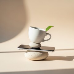 Find your balance with this zen like arrangement of a phone, cup, rocks, and leaf, perfect for lifestyle coaching, wellness, or mindful productivity