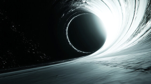 Black hole visualization with swirling distorted reflections and gravitational lensing creating a cosmic, surreal, and dynamic scene representing space, astrophysics, and futuristic digital aesthetics