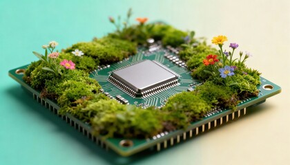 Sustainable technology concept with a CPU covered in moss and wildflowers, symbolizing eco-friendly innovation and green computing solutions for a better future