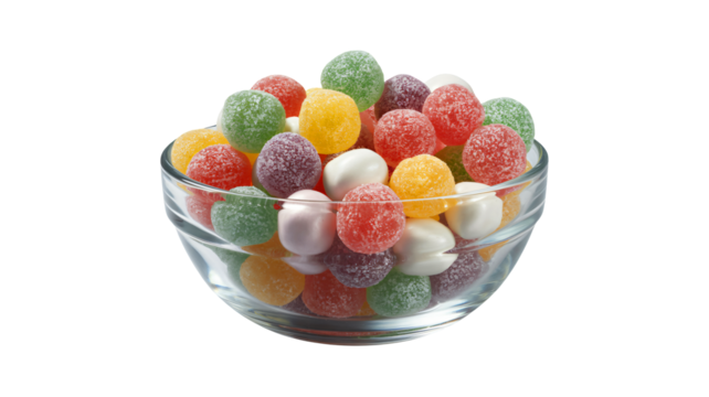 Vibrant gummy candies fill clear glass bowl with sparkling sugar coating