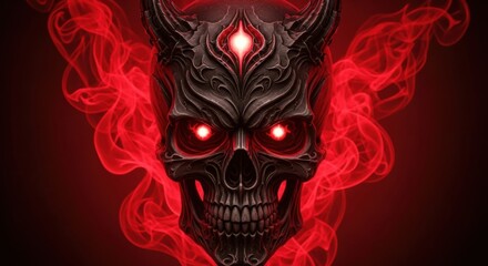 Dark skull with glowing red eyes and fiery smoke