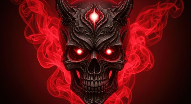 Dark skull with glowing red eyes and fiery smoke