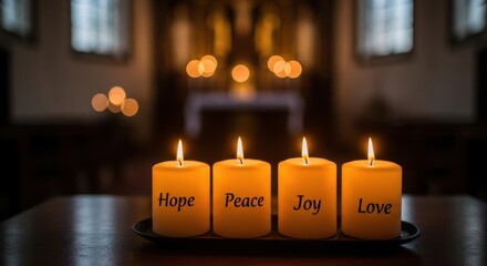 Four lit advent candles with hope peace joy love inscribed