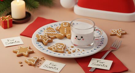 Plate of gingerbread cookies and milk for santa claus with a candle and gift