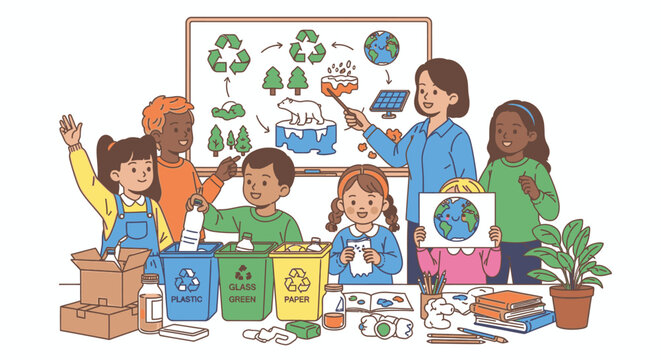 A classroom scene with a teacher explaining recycling to a group of diverse students.