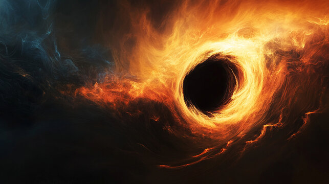 Black hole visualization with swirling distorted reflections and gravitational lensing creating a cosmic, surreal, and dynamic scene representing space, astrophysics, and futuristic digital aesthetics