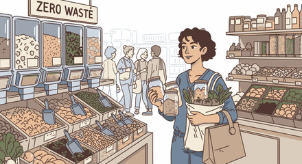 Illustration of a woman shopping sustainably at a zero waste grocery store, using reusable containers and a tote bag for bulk foods.