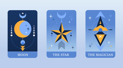 Tarot cards featuring moon, star, and magician symbols, showcasing mystical themes and celestial elements. design evokes sense of wonder and magic
