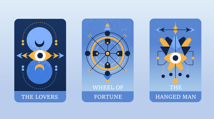 Tarot cards featuring Lovers, Wheel of Fortune, and Hanged Man, showcasing vibrant colors and geometric designs, evoke sense of mystery