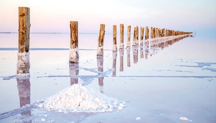 Wooden posts in water with reflections and salt.