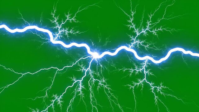 Electric Lightning Strike on Green Background - A vibrant video of blue and white lightning bolts against a vivid green backdrop. The lightning appears to be a powerful and energetic strike.