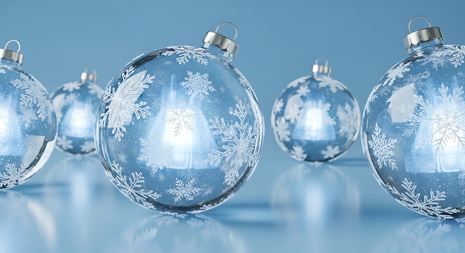 Closeup of several shiny blue christmas ornaments with snowflake patterns on a light blue background