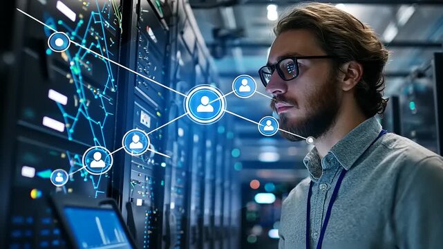 IT professional analyzing data in a server room, surrounded by high-tech equipment and digital interfaces - Powered by Adobe
