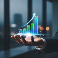 Digital business growth chart held by hand, showing future success projection and planning.