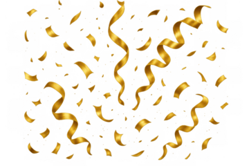 Golden falling confetti and ribbons creating a festive celebration background on a transparent overlay effect