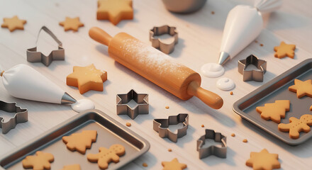 Baking ingredients and tools for making christmas cookies, including a rolling pin, cookie cutters, and piping bags