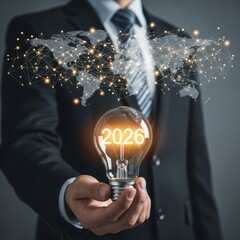 Businessman holding 2026 illuminated idea lightbulb, global network map for future strategy.