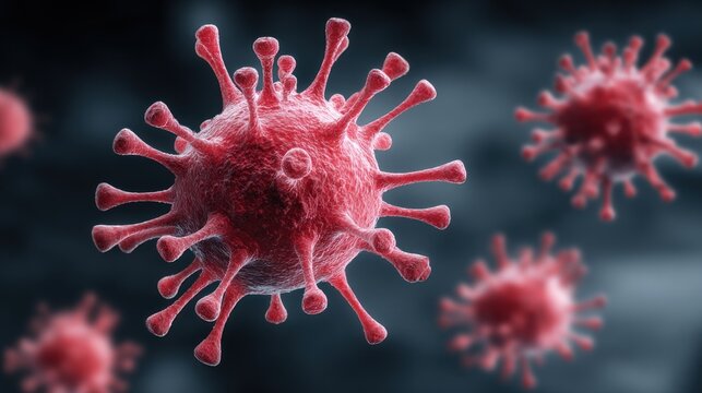 A red virus with multiple spikes against a dark background.