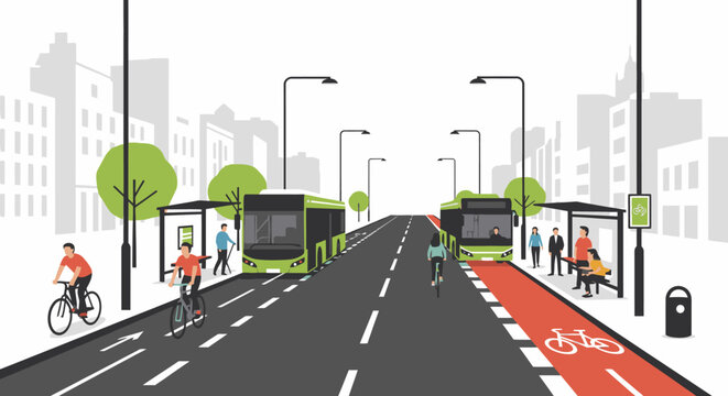 City street with buses, cyclists, and people at bus stops.