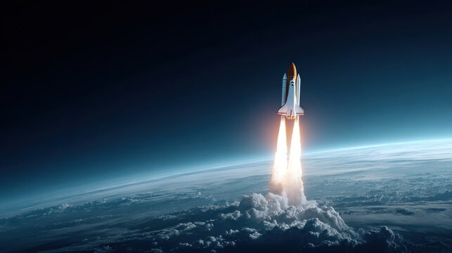 A rocket launching into space against a dark blue sky with a glowing trail of exhaust.