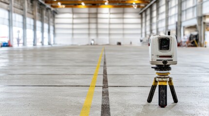 Precision Surveying Instrument on Tripod Captured in Empty Industrial Warehouse with Clear Lines and Spacious Environment