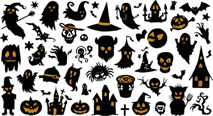 Fototapeta premium A collection of Halloween silhouettes featuring ghosts, pumpkins, bats, haunted houses, and other spooky elements, perfect for creating themed designs.
