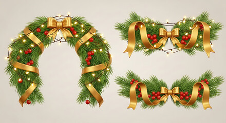 Festive christmas garland with golden ribbon and red berries, adorned with twinkling lights and a golden bow