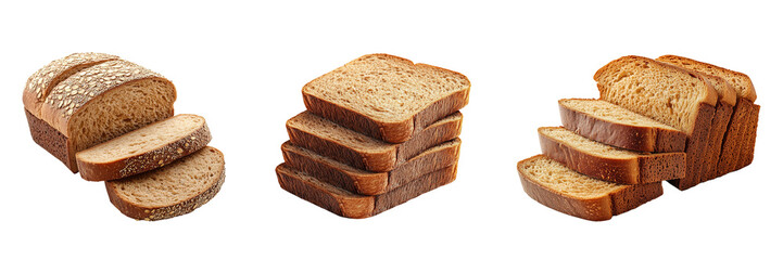 Sliced whole wheat bread loaves and slices isolated on a transparent background