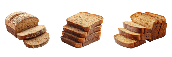 Sliced whole wheat bread loaves and slices isolated on a transparent background