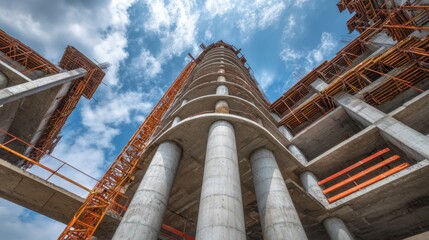 Construction Site with Tower Crane and Concrete Columns Under a Blue Sky, Highlighting Building Framework and Industrial Equipment