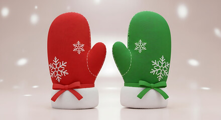 Pair of cozy christmas mittens, one red and one green, with snowflakes and bows