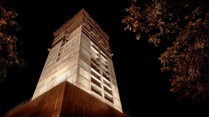 Nighttime View of a Tall Tower Under Construction Surrounded by Trees with Illuminated Facade and Scaffolding in an Urban Landscape