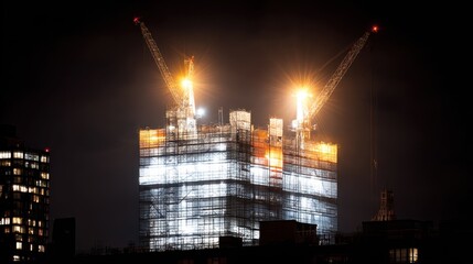 Nighttime Construction Scene with Illuminated Cranes and Scaffolding on a High-Rise Building Under Construction in an Urban Setting
