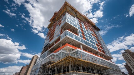 Modern Urban Construction Site with Clear Blue Sky and Scattered Clouds Showcasing Framework and Glass Facade of a High-Rise Building Under Development