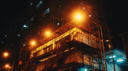 Construction site at night with illuminated scaffolding against a dark urban backdrop showcasing the hustle of city development and renovation efforts