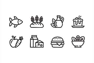 Nutrition and diet outline icons pack for food, meal, and culinary design use