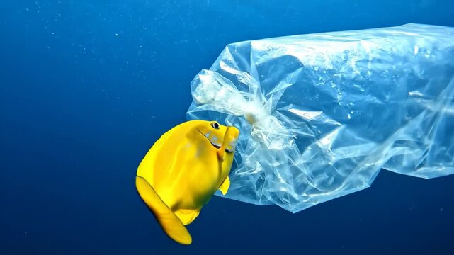 Fish Entangled in Plastic Bag Underwater - A fish is caught in a transparent plastic bag, highlighting the issue of ocean pollution.