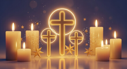 Glowing christian crosses and candles with starbursts, spiritual and religious background