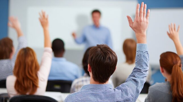 A diverse group of students raising their hands in a classroom setting. - Powered by Adobe