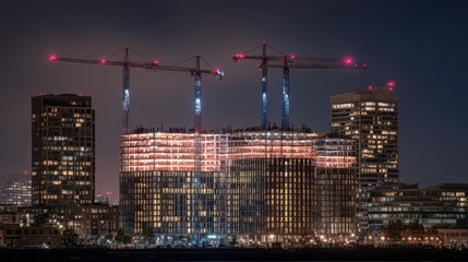 Nighttime Construction with Tower Cranes and Illuminated Buildings in Urban Setting Capturing Modern City Development and Vibrant Skyscrapers