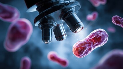 A microscope with a red blood cell under the lens.